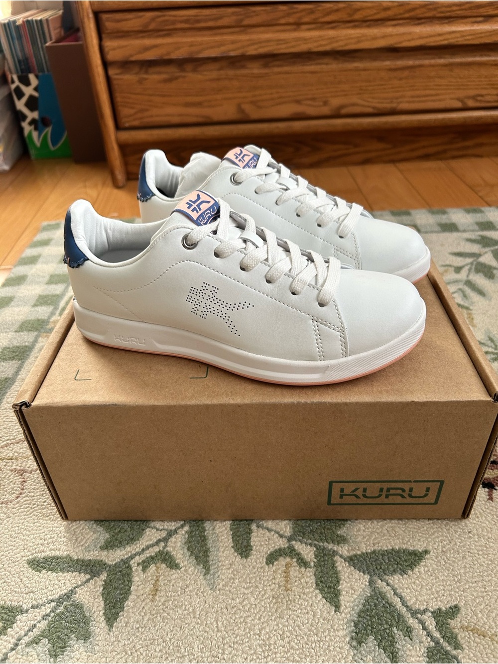 KURU White Sneakers with Navy Heel and Pink Trim